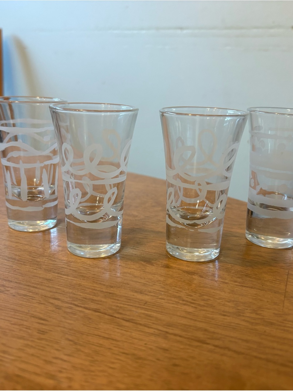 Clear Glass Shot Glasses with White Swirl Pattern - Set of 4